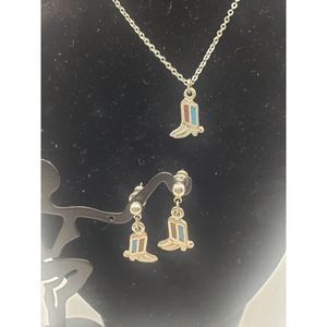 Silver-tone, Turquoise and Red Cowboy Boot Necklace and Earrings Set - 16" inche
